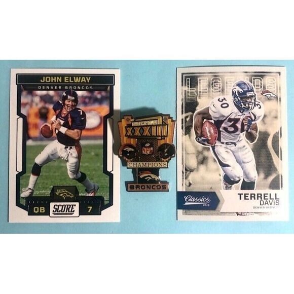 1999 Super Bowl XXXIII Pin,Broncos Champion +2 NFL Cards John Elway +T.Davis - Picture 1 of 4